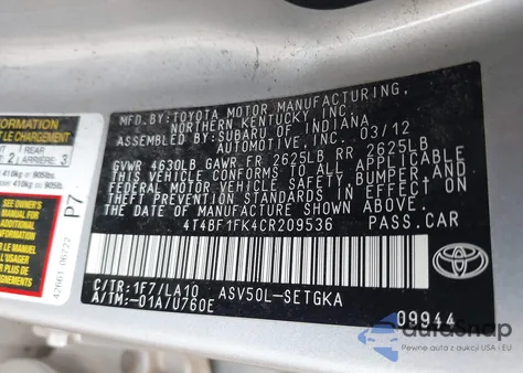 2012 Toyota Camry Xle из США, поврежденный, VIN 4T4BF1FK4CR209536